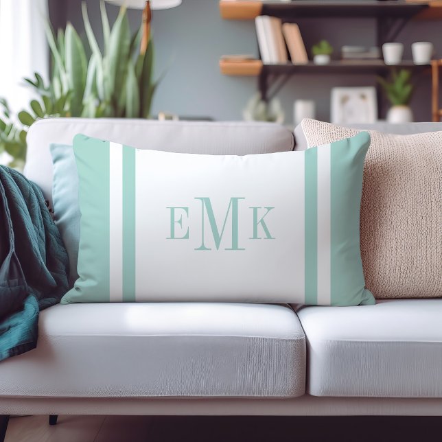 Mint and White Preppy Ribbon Dots Custom Monogram Lumbar Cushion (Creator Uploaded)