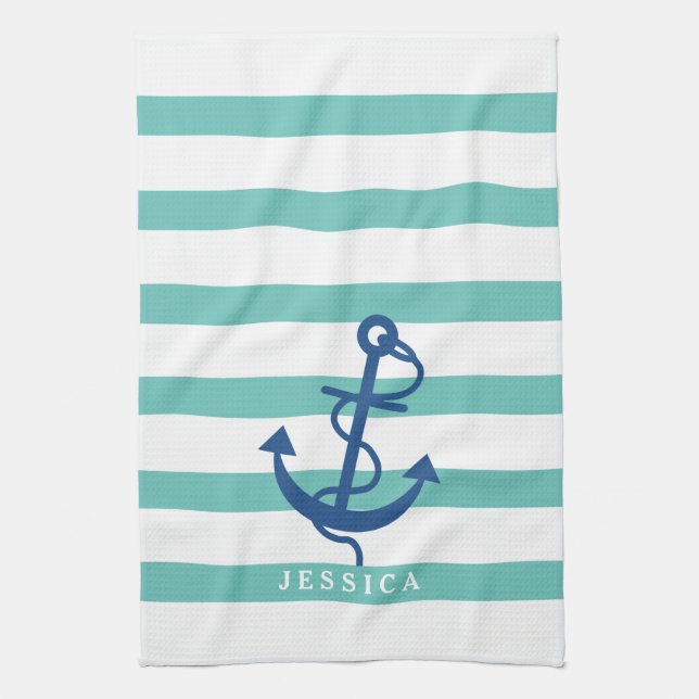 Mint And White Stripes Blue Nautical Anchor 2 Tea Towel (Vertical)