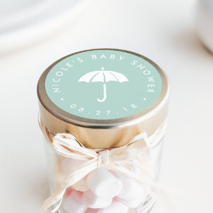 Mint and White Umbrella Baby Shower Classic Round Sticker