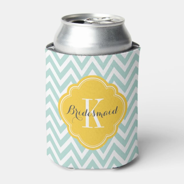 Mint and Yellow Chevron Monogram Can Cooler (Can Front)