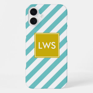 Mint and Yellow Diagonal Stripes Monogram iPhone 16 Plus Case
