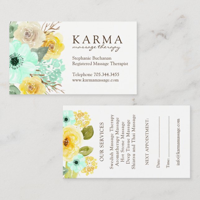 Mint and Yellow Floral Business Cards (Front/Back)