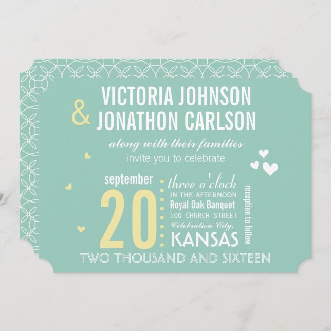Mint and Yellow Modern Typography Wedding Invitation (Front/Back)
