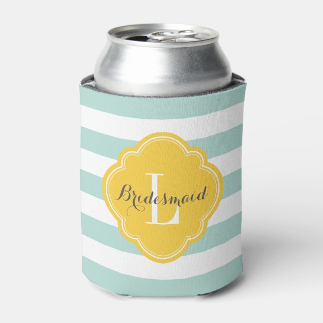 Mint and Yellow Preppy Stripes Monogram Can Cooler (Can Front)