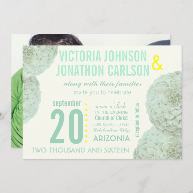 Mint and Yellow Succulent Modern Wedding Invitation (Front/Back)