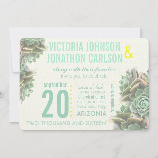 Mint and Yellow Succulent Modern Wedding Invitation (Front)