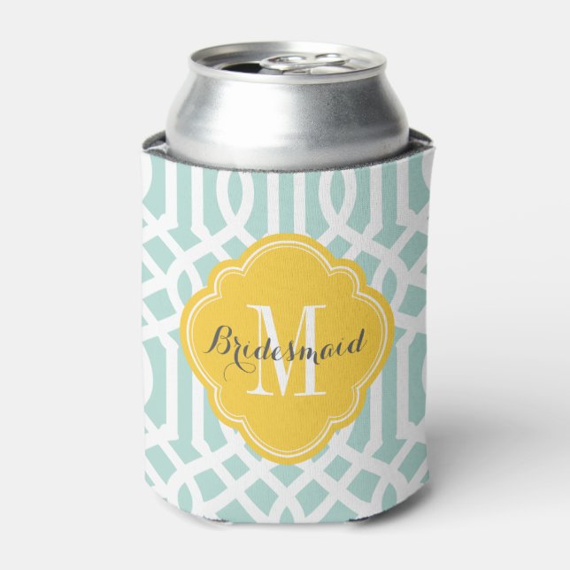 Mint and Yellow Trellis Monogram Can Cooler (Can Front)