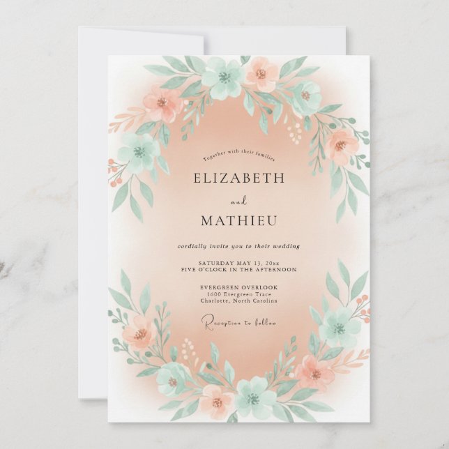 Mint Apricot Blossom Wedding Invitation (Front)