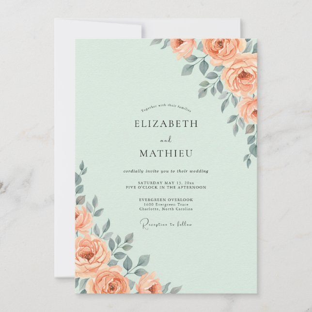 Mint Apricot Foliage Eucalyptus Wedding Invitation (Front)