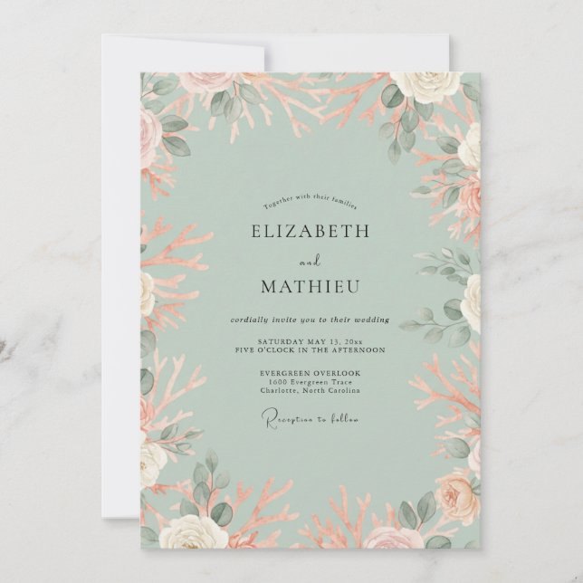 Mint Apricot Leaf Wedding Invitation (Front)