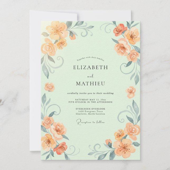 Mint Apricot Vine Wedding Invitation (Front)