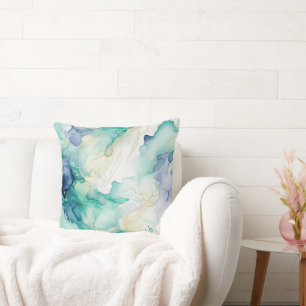 Mint Aqua Blue Ink Marble Cushion