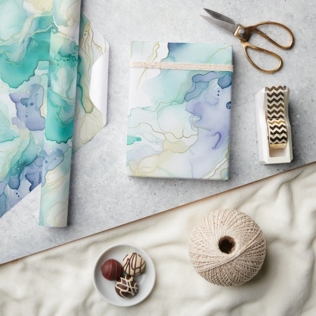Mint Aqua Blue Ink Marble Wrapping Paper (Crafts)