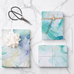 Mint Aqua Blue Ink Marble Wrapping Paper Sheet
