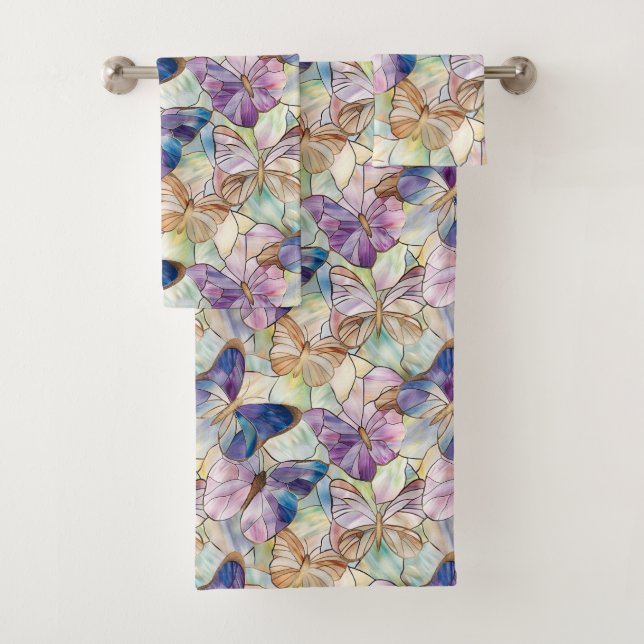 Mint Aqua Blue Purple Butterflies Bath Towel Set (Insitu)