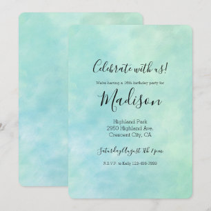 Mint Aqua Blue Tie Dye Watercolor Birthday Invitation