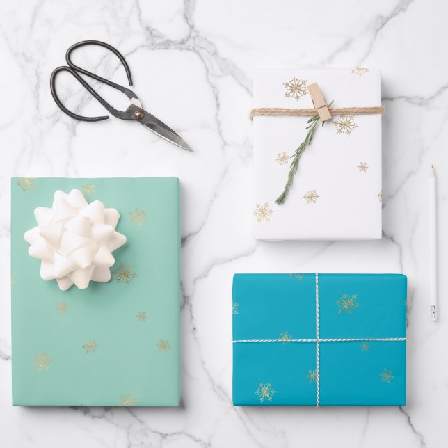Mint Aqua Christmas Gold Snowflakes Wrapping Paper Sheet (Front)