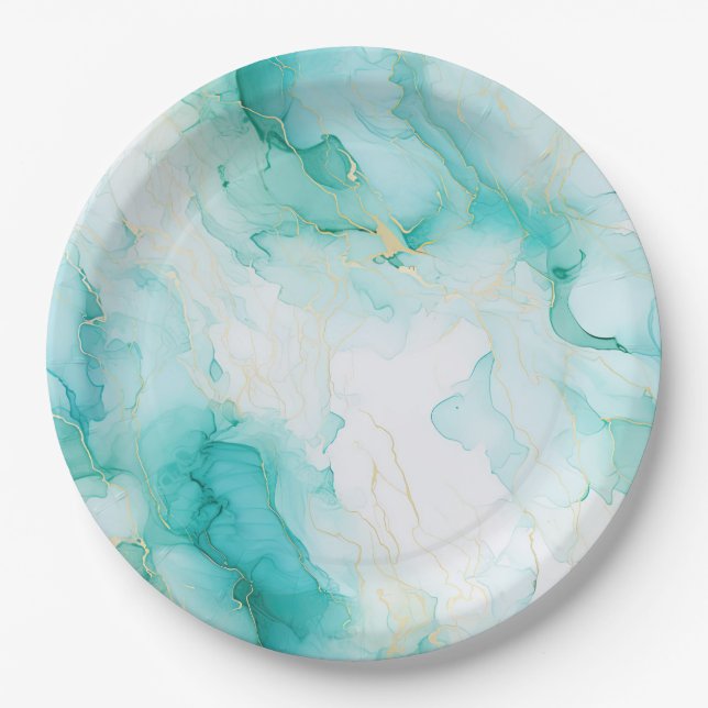 Mint Aqua Glam Elegant Gold Marble Paper Plate (Front)