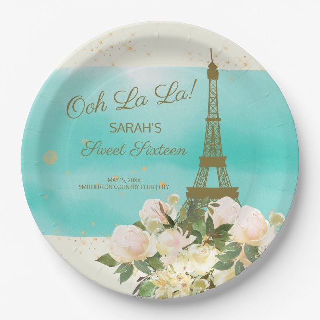 Mint Aqua Gold Eiffel Tower Paris Sweet 16 Paper Plate (Front)