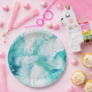 Mint Aqua Gold Ink Marble Paper Plate