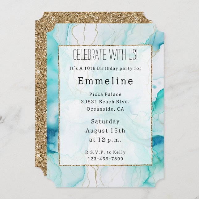 Mint Aqua Gold Mermaid Ink Marble Invitation (Front/Back)