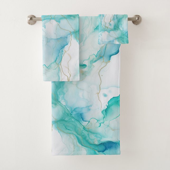 Mint Aqua Ink Marble Bath Towel Set (Insitu)