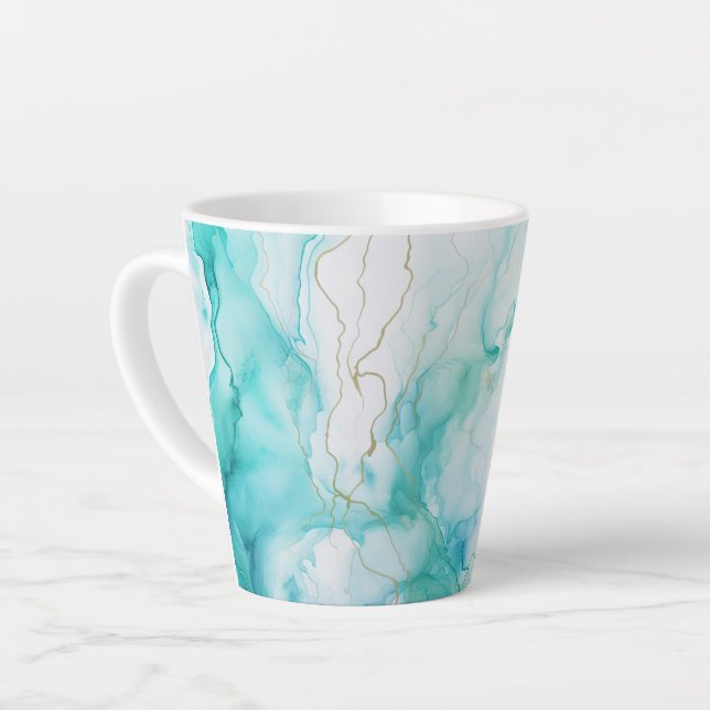 Mint Aqua Ink Marble Latte Mug (Left Angle)