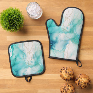 Mint Aqua Ink Marble Oven Mitt & Pot Holder Set