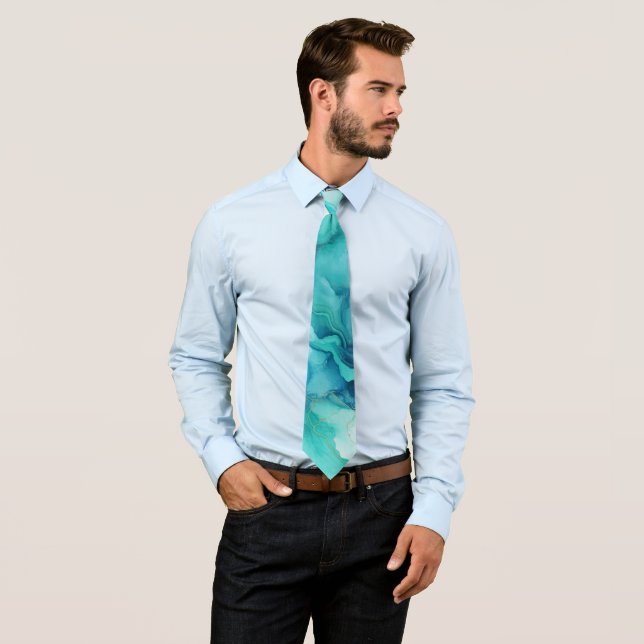Mint Aqua Ink Marble Tie (In Situ)