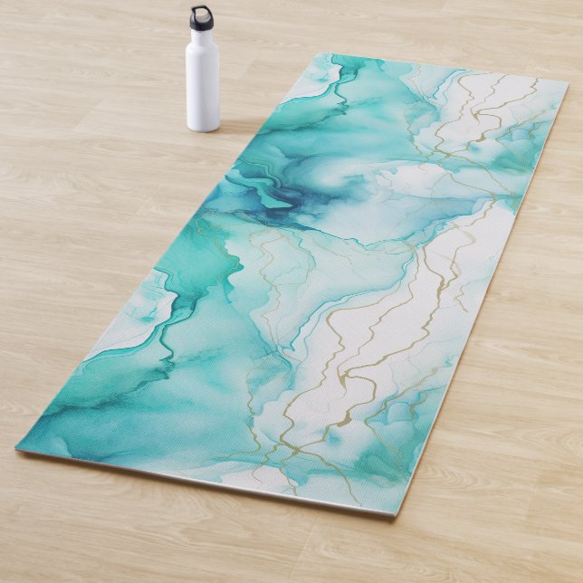 Mint Aqua Ink Marble Yoga Mat (In Situ)