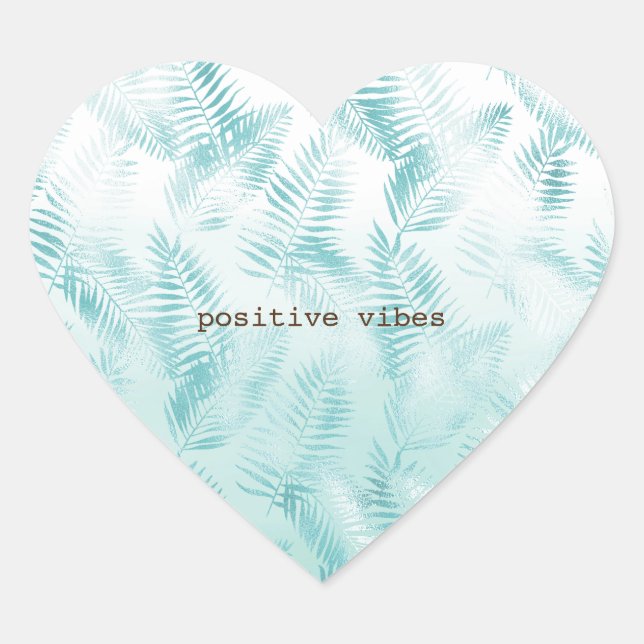 Mint Aqua Ombre Tropical Leaves Heart Sticker (Front)