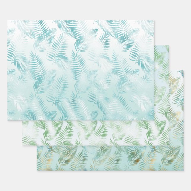 Mint Aqua Ombre Tropical Leaves Wrapping Paper Sheet (Set)