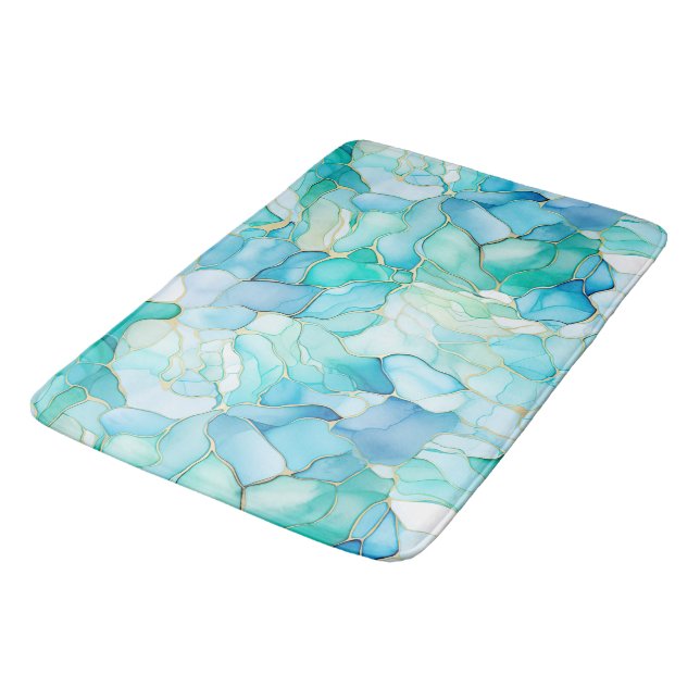 Mint Aqua Pearl Gold Marble  Bath Mat (Angled)