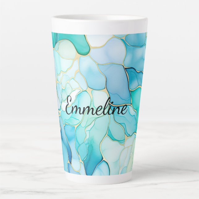 Mint Aqua Pearl Gold Marble  Latte Mug (Front)