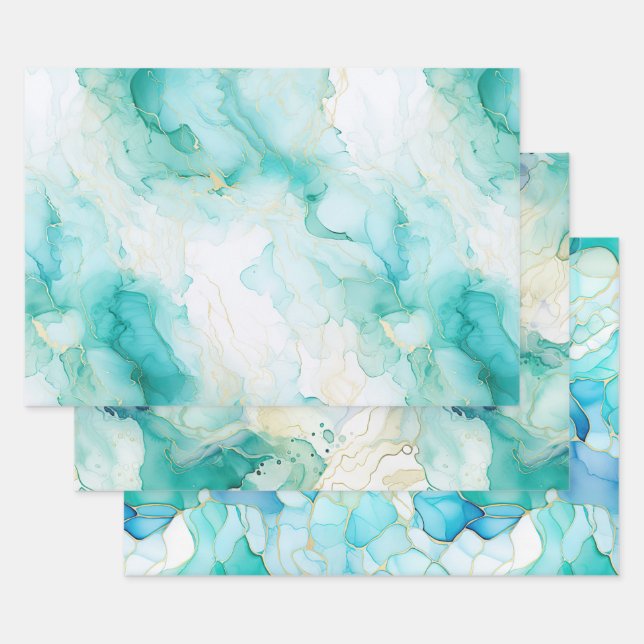 Mint Aqua Pearl Gold Marble  Wrapping Paper Sheet (Set)