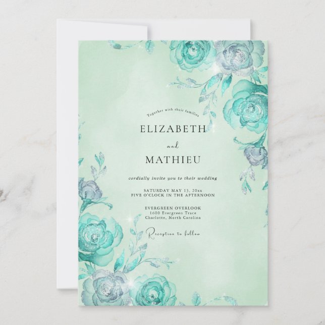 Mint Aqua Rose Wedding Invitation (Front)