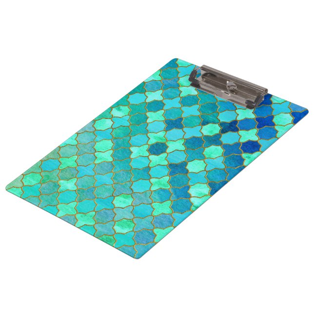 Mint Aqua Teal Gold Oriental Moroccan Tile pattern Clipboard (Angled)