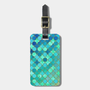 Mint Aqua Teal Gold Oriental Moroccan Tile pattern Luggage Tag