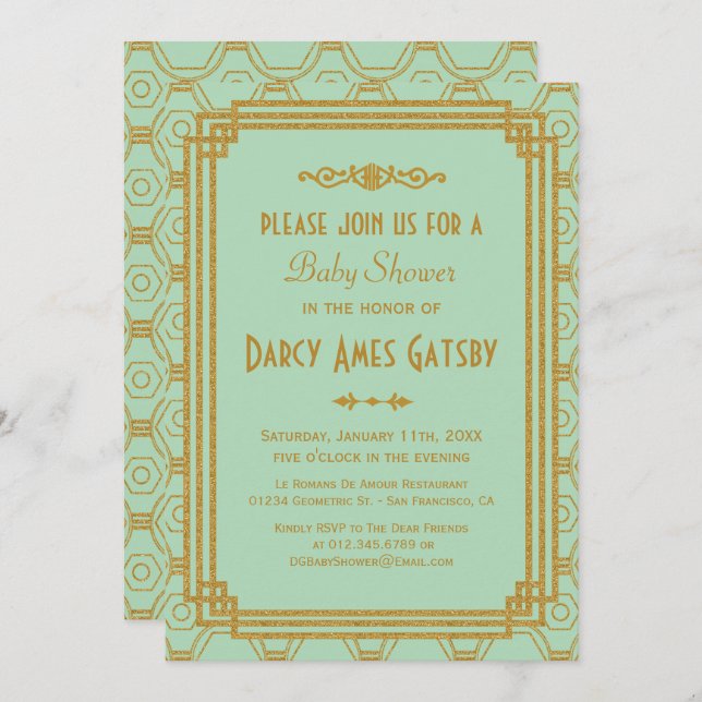 Mint Art Deco Baby Shower Invites (Front/Back)