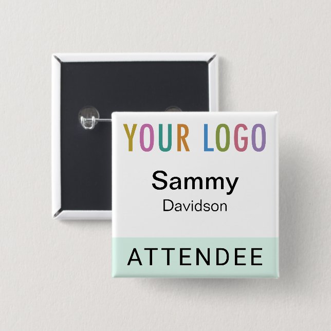 Mint Attendee Name Badge with Logo Pinback Square (Front & Back)
