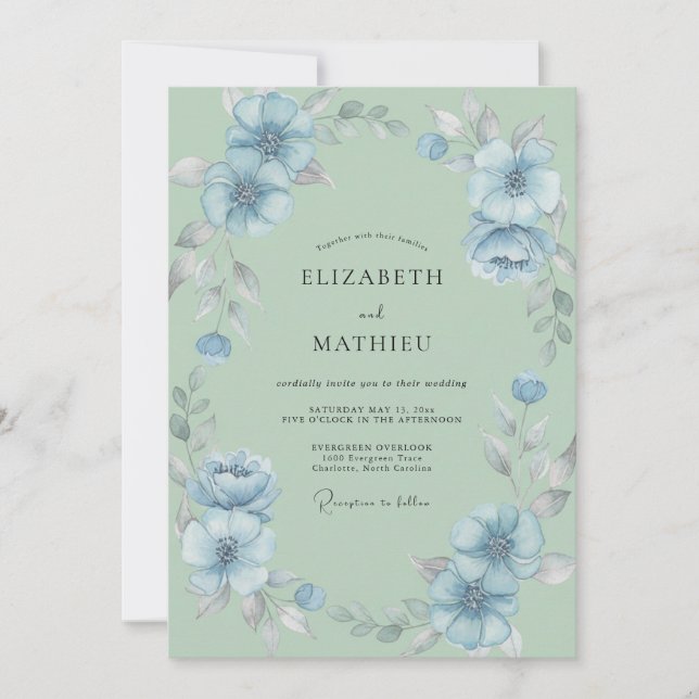 Mint Azure Blossom Wedding Invitation (Front)
