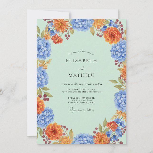 Mint Azure Hydrangea Eucalyptus Wedding Invitation (Front)