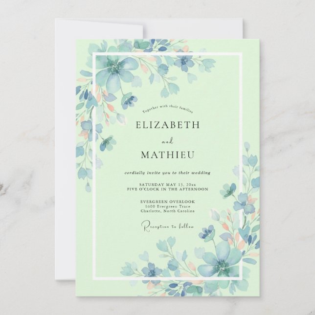Mint Azure Wildflower Wedding Invitation (Front)