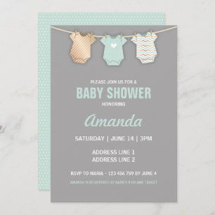 Mint Baby Shower Invitation, Clothesline Theme Invitation