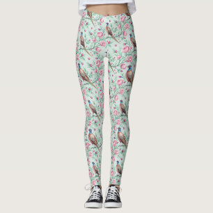 Mint Background Songbirds & Pink Flowers Leggings