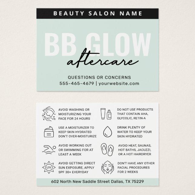 Mint BB Glow Facial After Care Instruction Card (Front & Back)