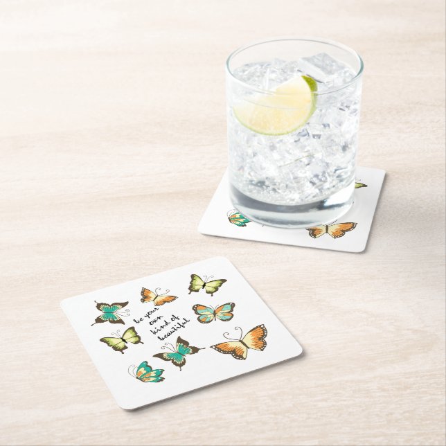 Mint Be Your Own Beautiful Butterflies Square Paper Coaster (Insitu)