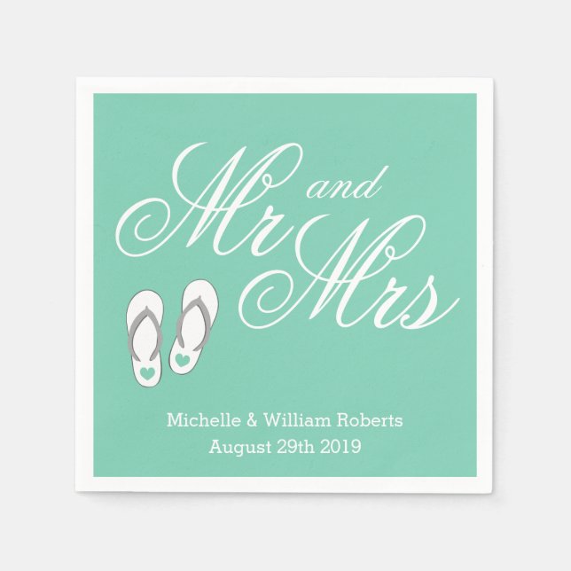 Mint beach slipper Mr and Mrs wedding napkins (Front)