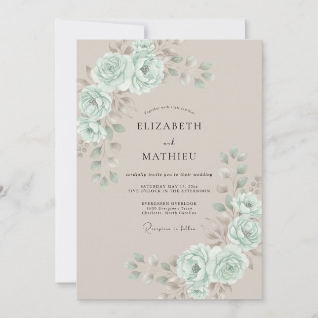 Mint Beige Watercolor Wedding Invitation (Front)