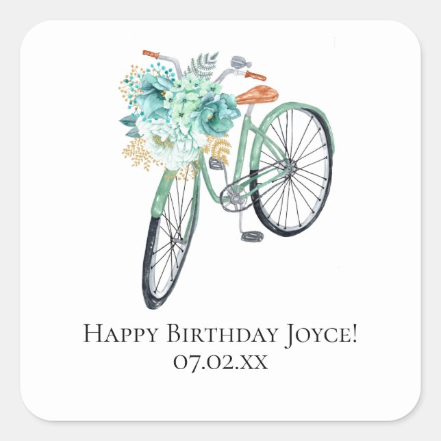 Mint Bicycle Birthday DIY Favours Square Sticker (Front)